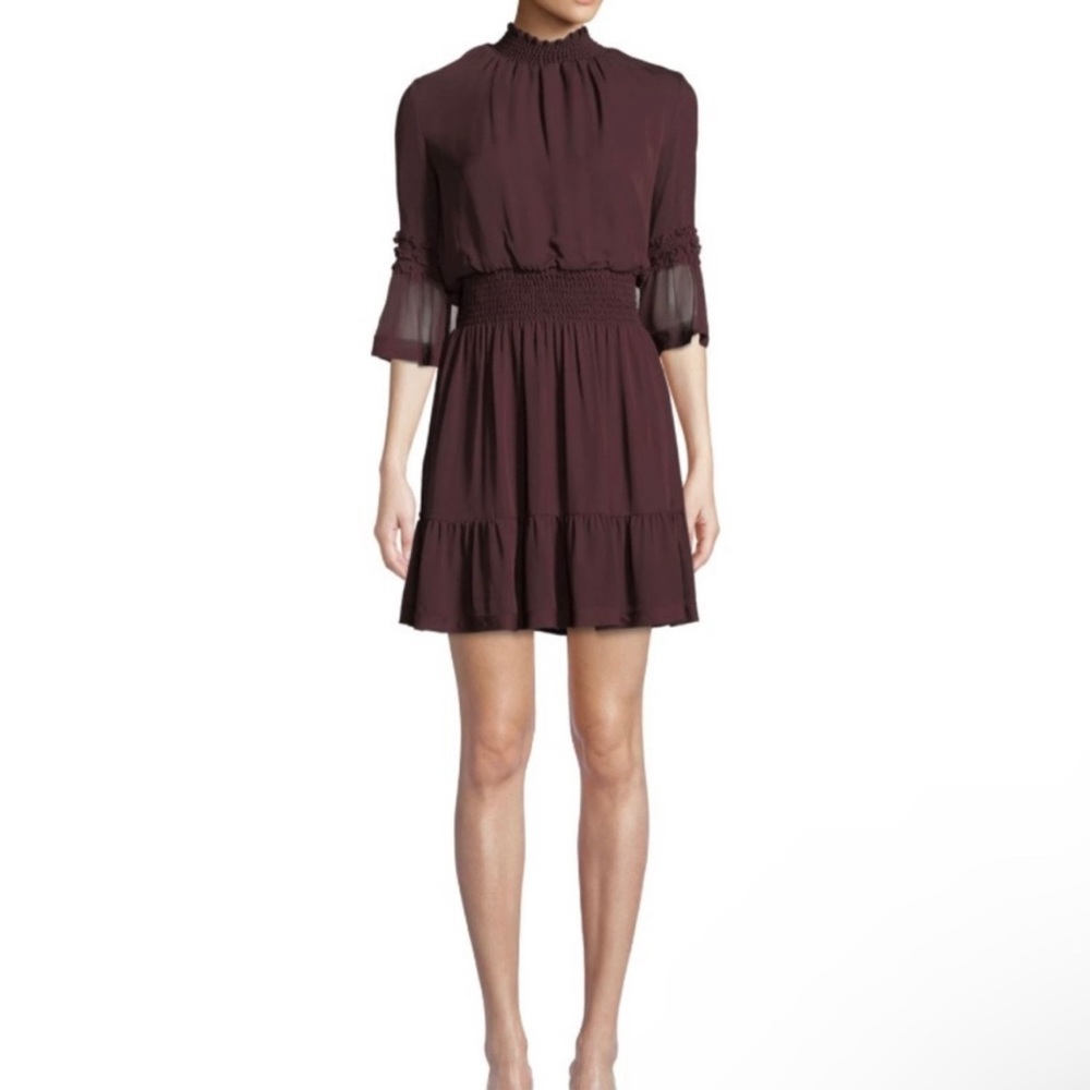 Kobi Halperin Lacie Silk Chiffon Smocked Modest Tiered Cocktail Mini Dress, Sz L